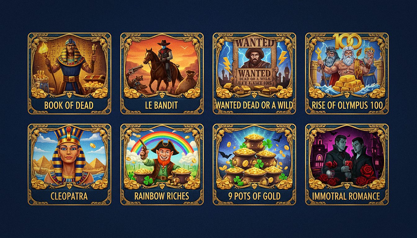Catalogue de jeux Smash Casino : Book of Dead, Le Bandit, Wanted Dead or a Wild, Rise of Olympus 100, Cleopatra, Rainbow Riches, 9 Pots of Gold, Immortal Romance